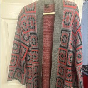 Open front cardigan.  Mosaic square print. Multi-colored